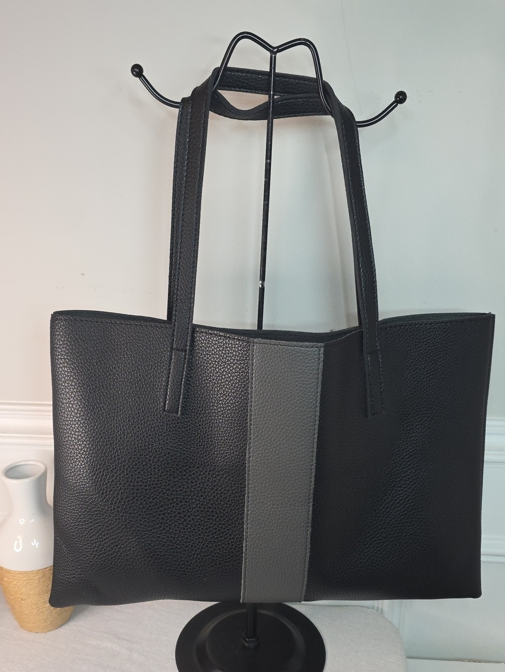 Vince Camuto Black Tote with Gray Varsity Stripe